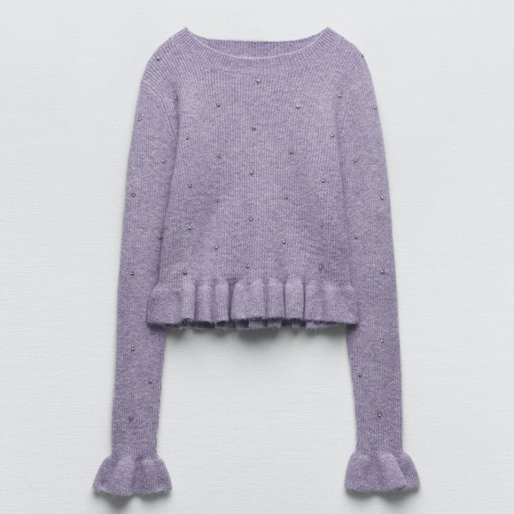Zara lavender knit sweater with rhinestones and a touch of wool NWT - Picture 2 of 9